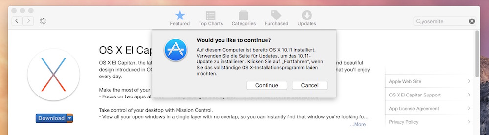 OS X El Capitan über den Apple App-Store herunterladen (Bild: Screenshot iTunes).