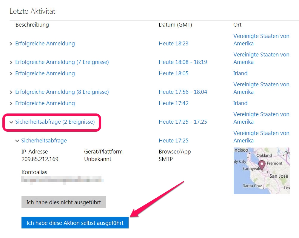 Outlook zeigt hier die letzte Aktivitäten zum Outlook-Konto an (Bild: Screenshot Outlook.com).