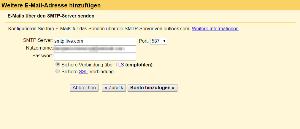 Gmail benötigt den SMTP-Server von Outlook, damit E-Mail entsprechend versendet werden können (Bild Screenshot Gmail).