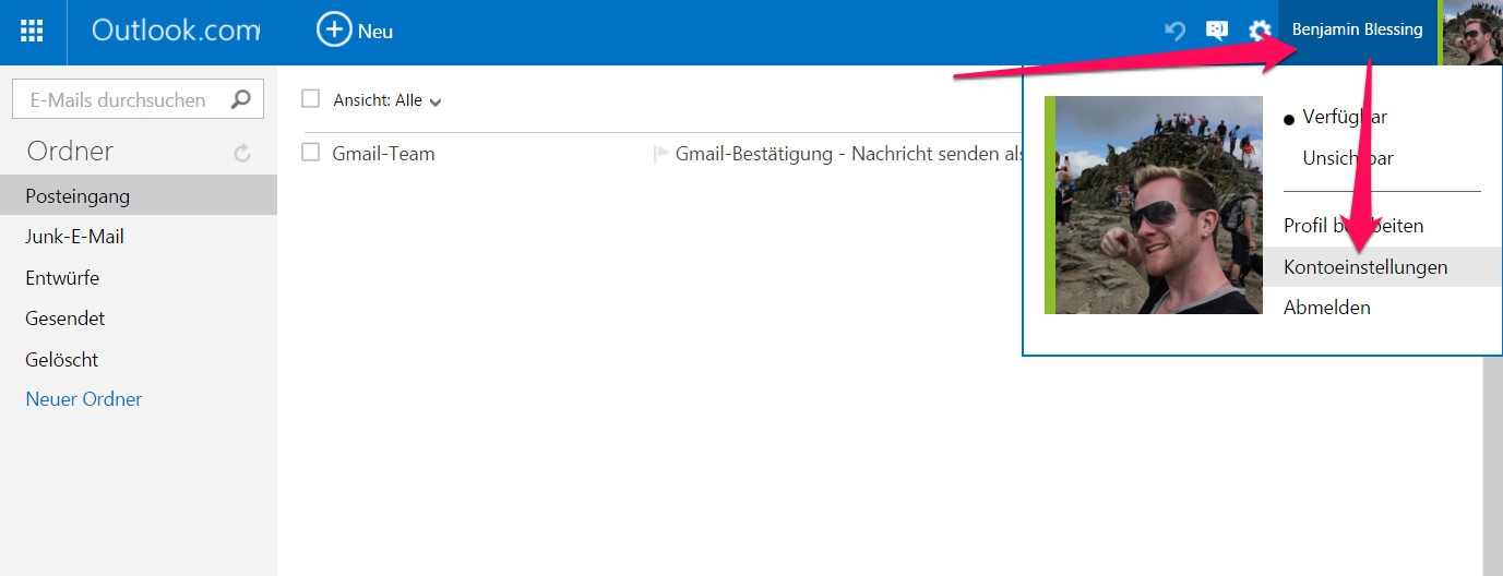 Die Kontoeinstellungen zu Outlook lassen sich über den Benutzername aufrufen (Bild: Screenshot Outlook.com).