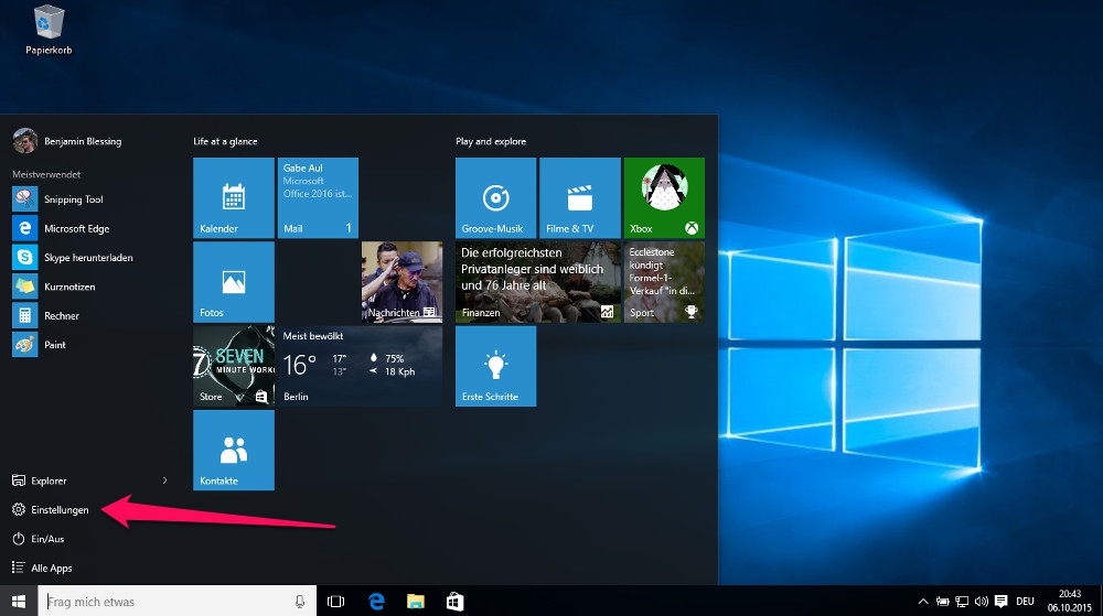 Die Windows Einstellungen lassen sich über das Windows-Menü direkt aufrufen (Bild: Screenshot Windows 10).