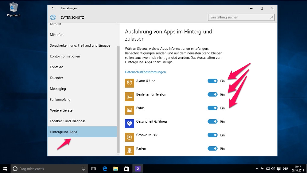 Windows 10 ermöglicht ein Deaktivieren der Apps die im Hintergrund laufen (Bild: Screenshot Windows 10).