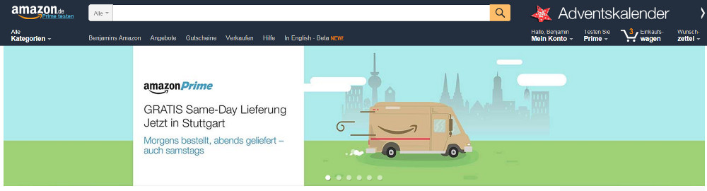 Amazon Prime ist als kostenlose Same-Day Lieferung in 14 deutschen Städten verfügbar (Bild: Screenshot Amazon).