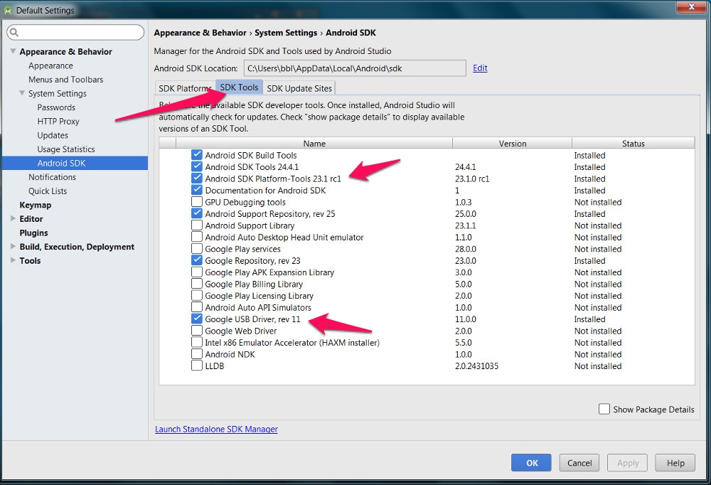 Android SDK Platform-Tools und USB-Treiber installieren (Bild: Screenshot Android Studio).