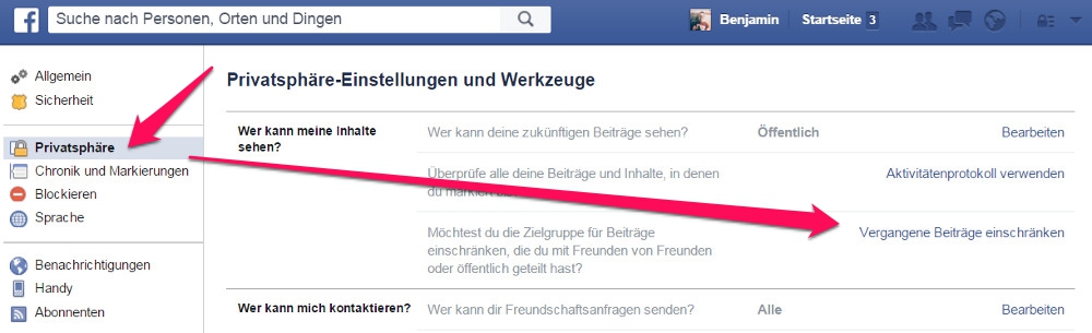 Die Privatsphäre Einstellungen zu Facebook befinden sich auf der Einstellungsseite (Bild: Screenshot Facebook).