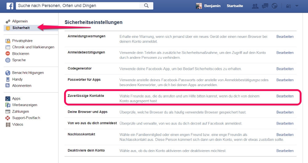 In den Sicherheitseinstellungen zu Facebook befindet sich die Option zu den zuverlässigen Kontakten (Bild: Screenshot Facebook).