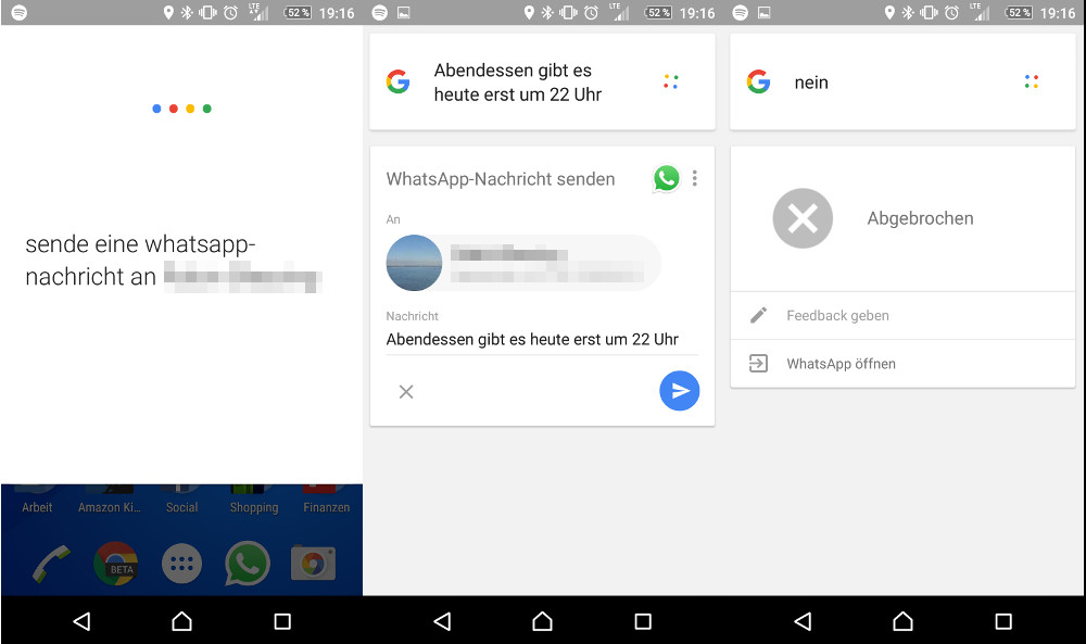 Google Now versendet jetzt auf WhatsApp Nachrichten auf Deutsch (Bild: Screenshot Android).