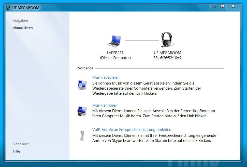 Der Vorgang "Musik anhören" unter Windows 7 ist für Bluetooth-Lautsprecher zu aktivieren (Bild: Screenshot Windows 7).