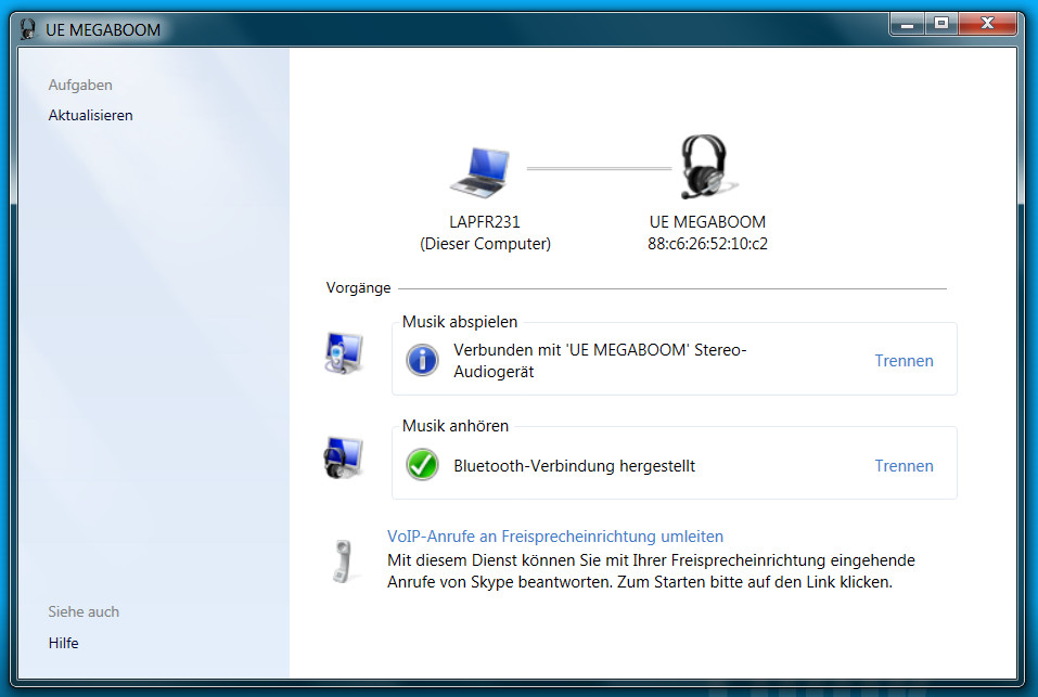 Erst jetzt funktioniert die Wiedergabe von Musik und Sounds unter Windows 7 über Bluetooth-Lautsprecher (Bild: Screenshot Windows 7).