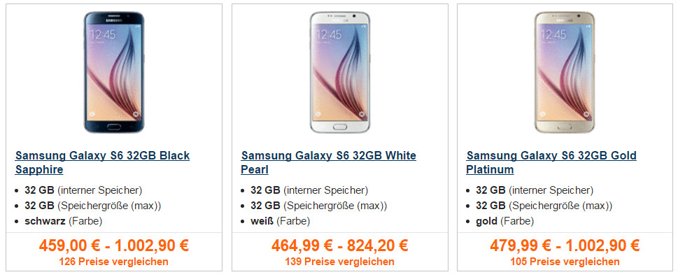 Samsung Galaxy S6 im Preisvergleich (Bild: Idealo.de).
