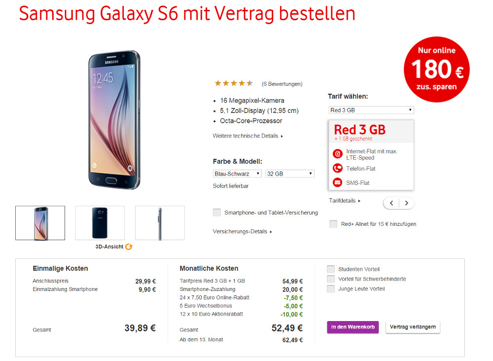 Das Samsung Galaxy S6 bei Vodafone im Angebot (Bild: Screenshot Vodafone).