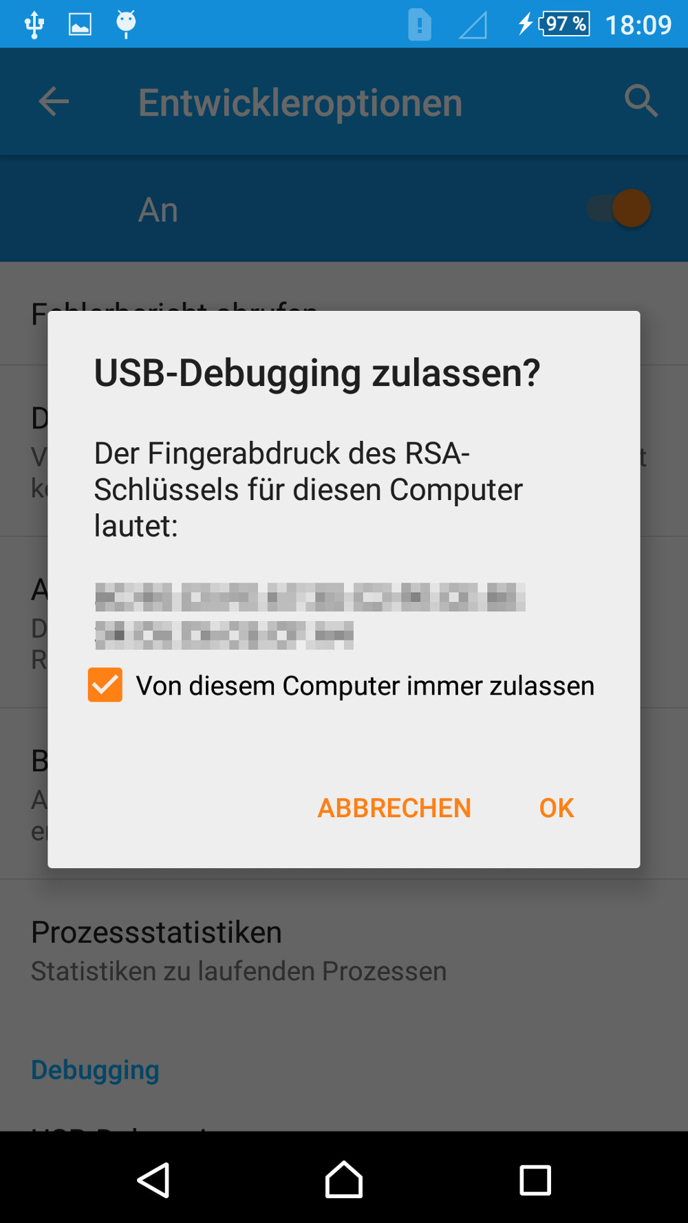 Sony Xperia Z3 USB-Debugging RSA-Schlüssel akzeptieren (Bild: Screenshot Android).