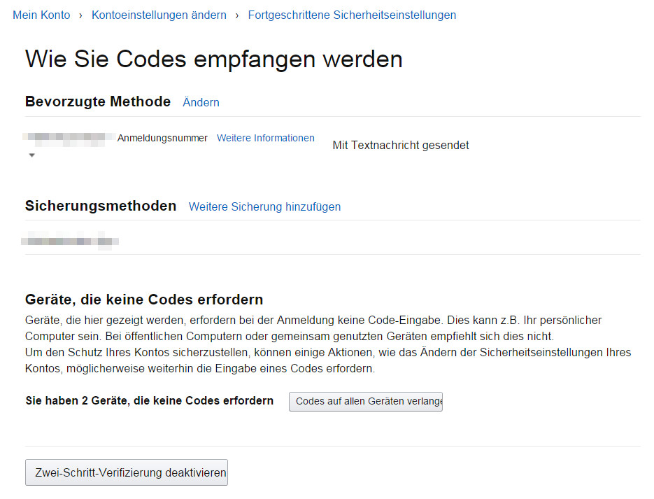 Anschließend steht die Zwei-Faktor-Authentifizierung auch über das deutsche Amazon-Konto zur Verfügung (Bild: Screenshot Amazon.de).