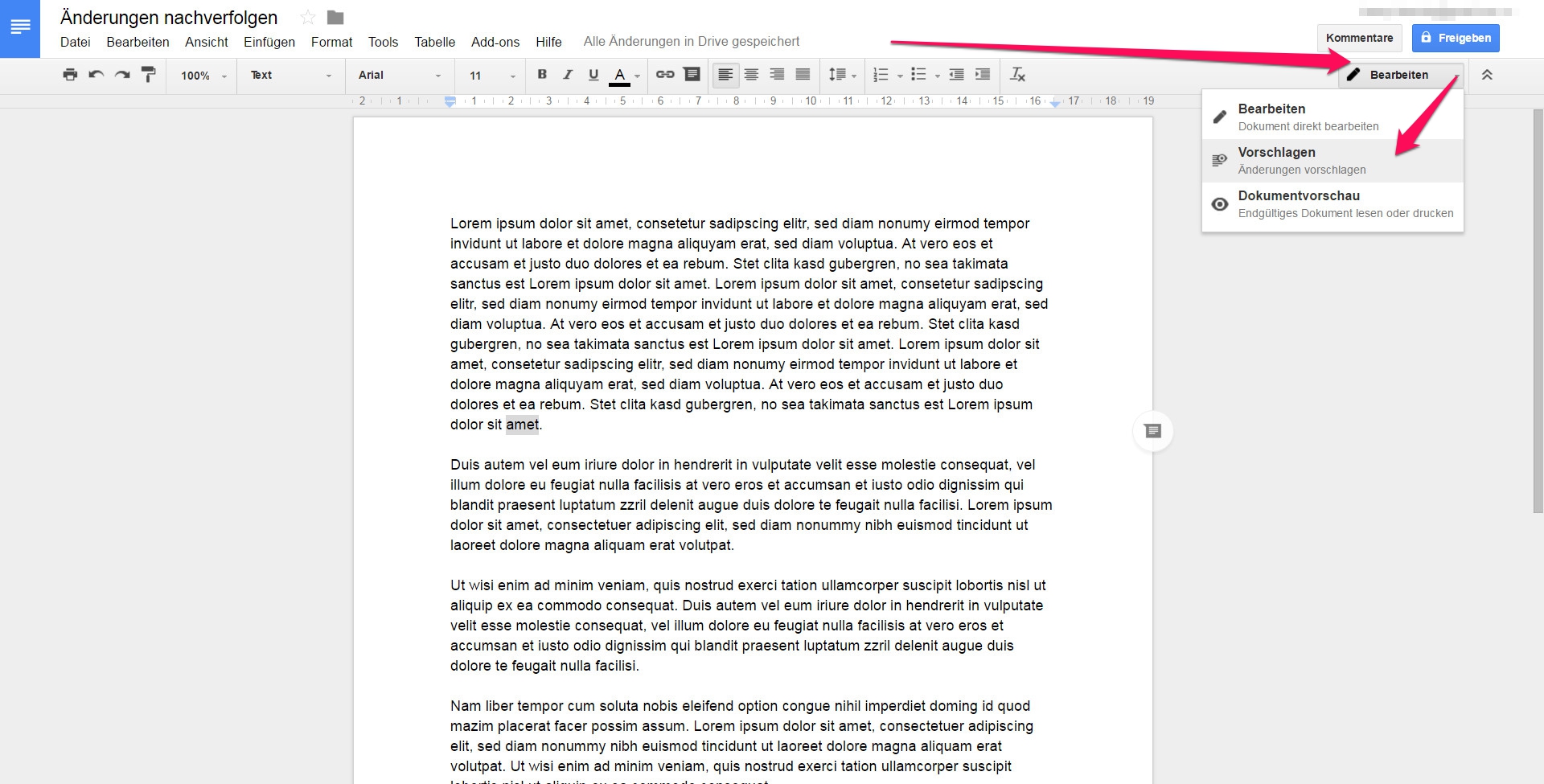 Das Nachverfolgen von Änderungen muss in Google Docs aktiviert werden (Bild: Screenshot).