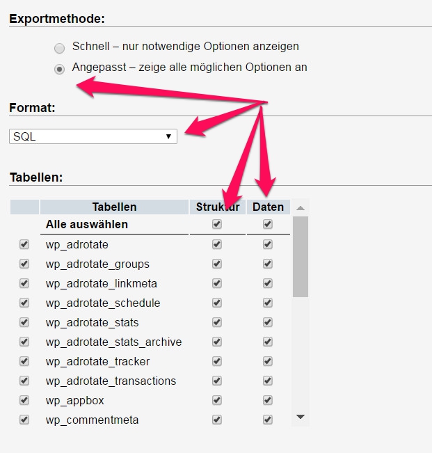 WordPress Datenbank exportieren