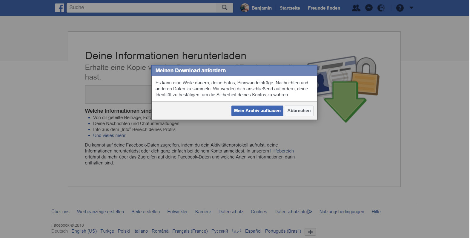 Download der Facebook-Daten dauert