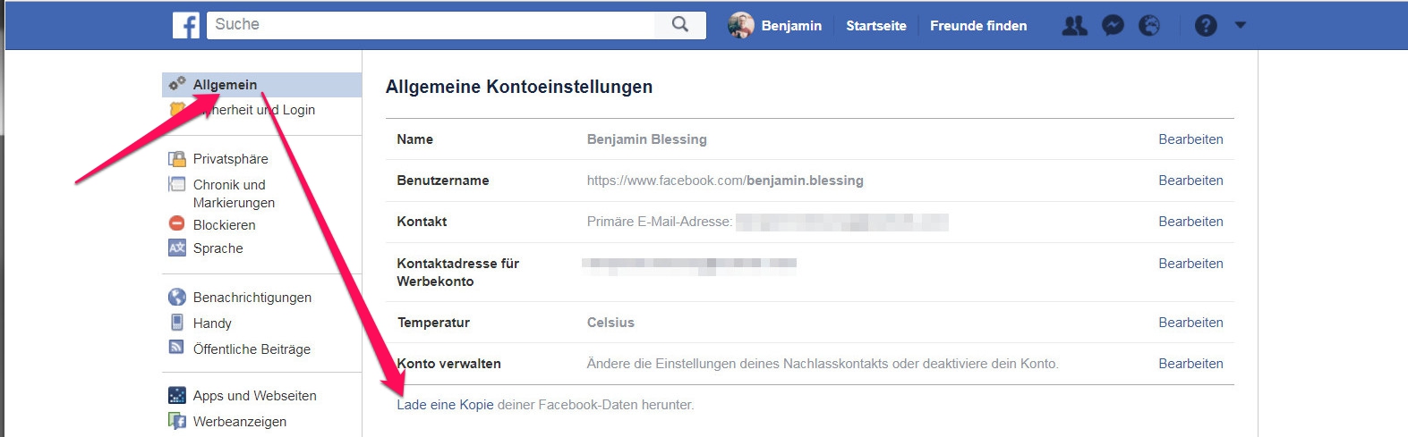Eine Kopie der gespeicherten Daten von Facebook anfordern