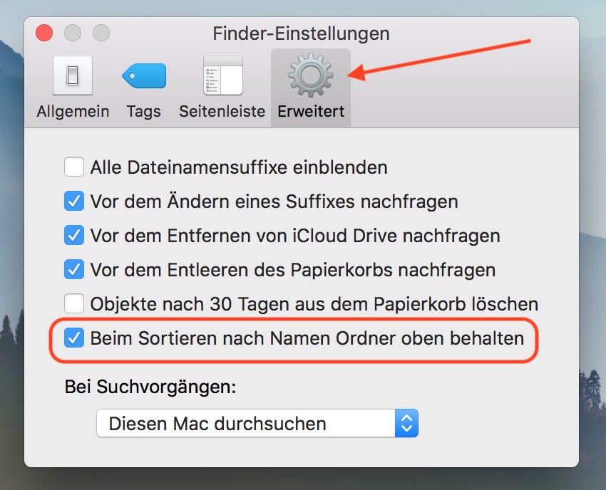 macOS Ordner im Finder oben anzeigen
