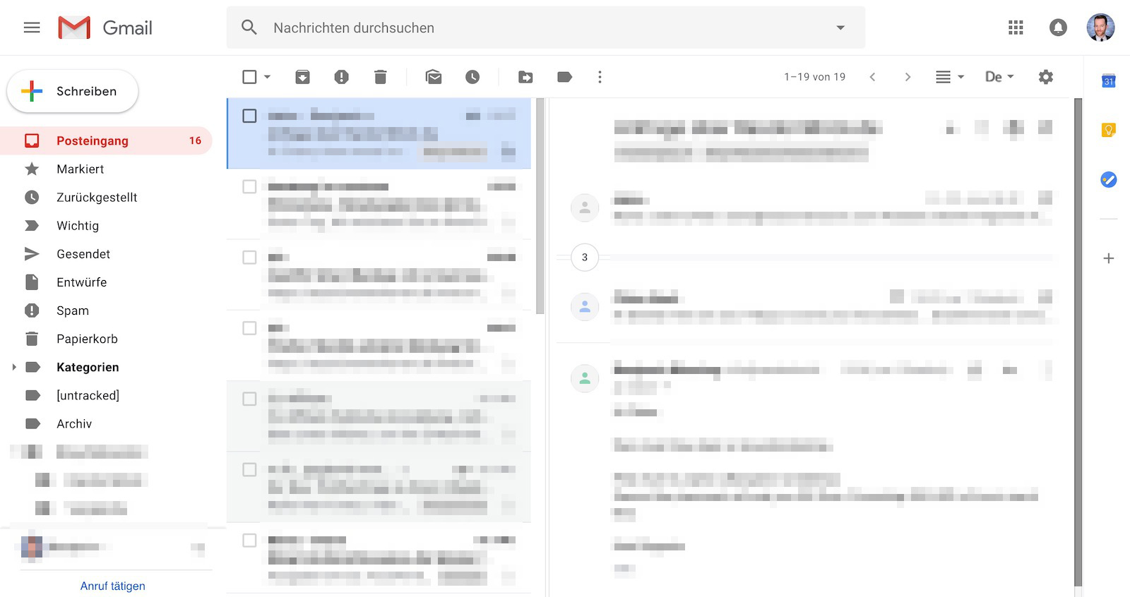 Nachrichtenvorschau in Gmail mit vertikaler Teilung 