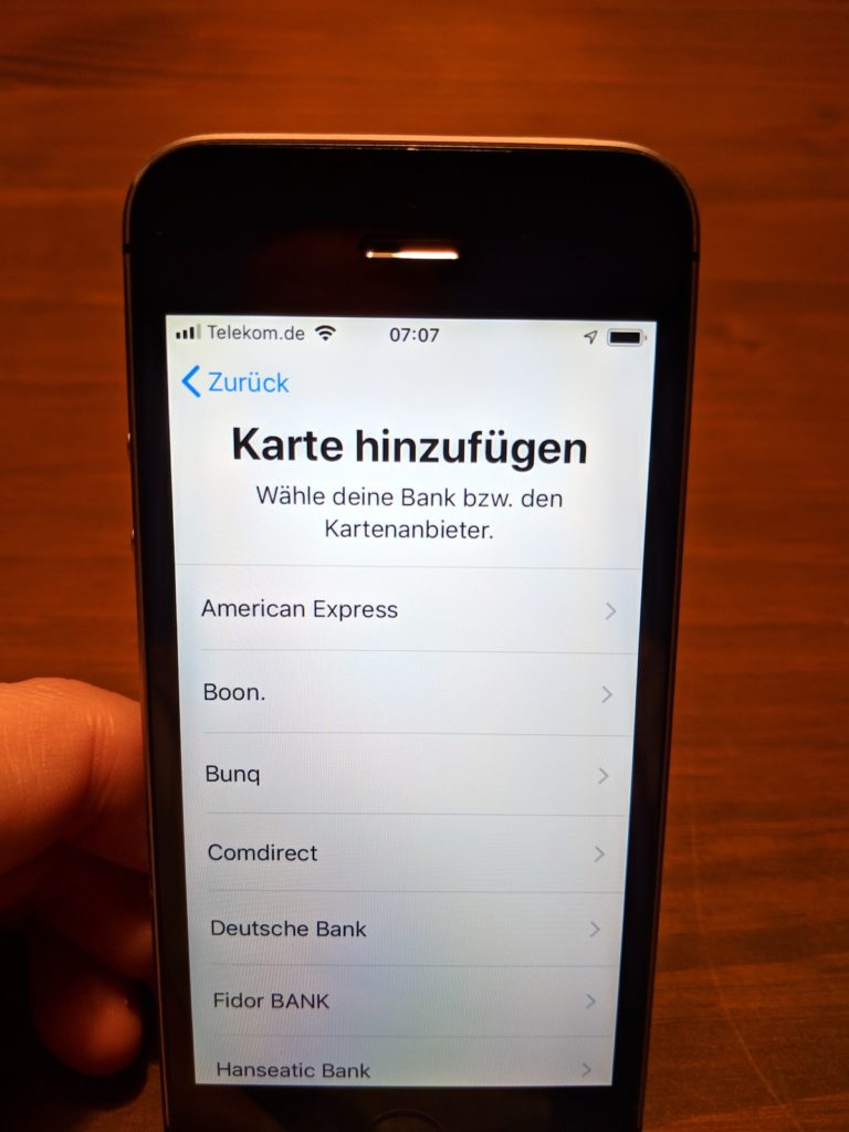 Auswahl der Karte in der Apple Wallet