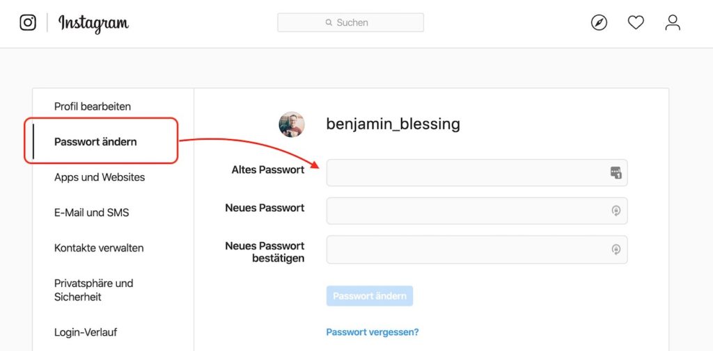 Instagram Passwort im Browser ändern