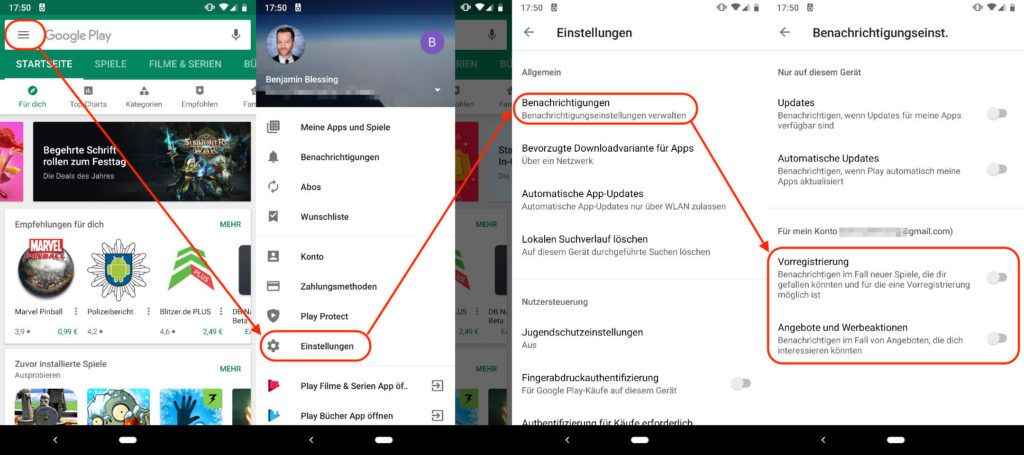 Google Play Store - Benachrichtigungen für Angebote und Spiele abstellen