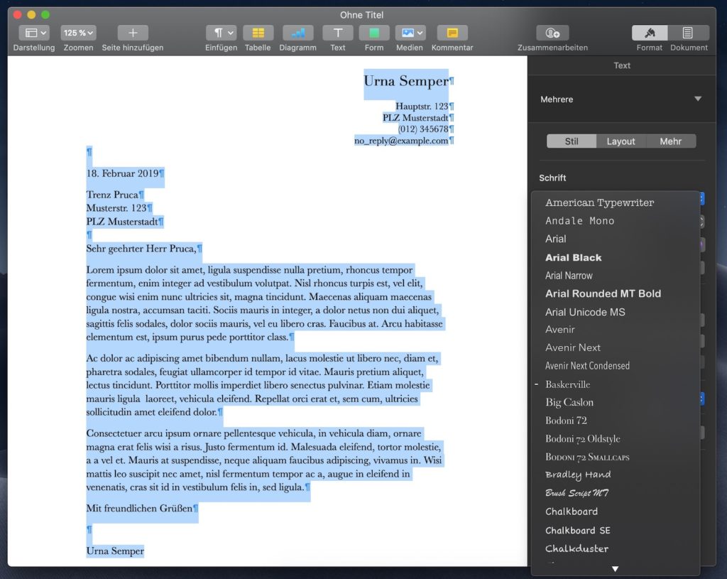 Apple Pages Schriftart anpassen