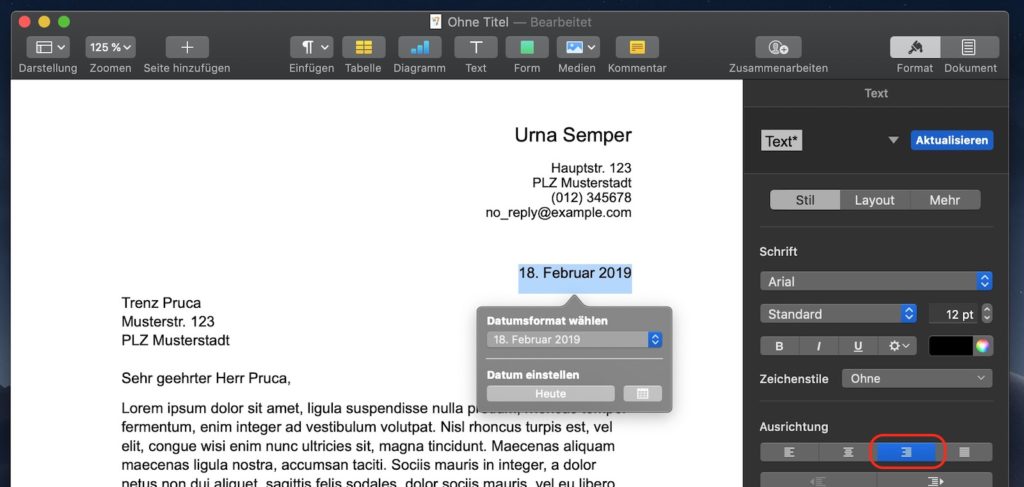 Apple Pages Text rechtsbündig