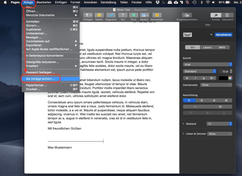 Apple Pages als Vorlage sichern