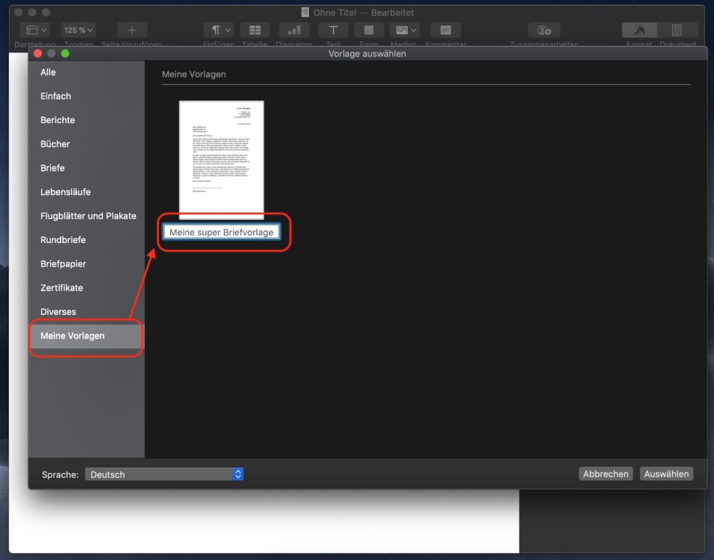Briefvorlage in Apple Pages umbenennen