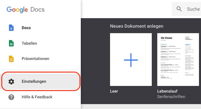 Google Docs Einstellungen