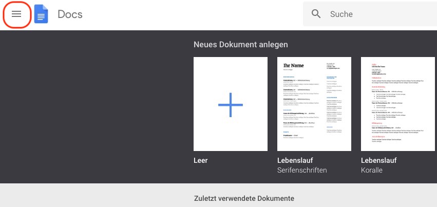 Google Docs Startseite