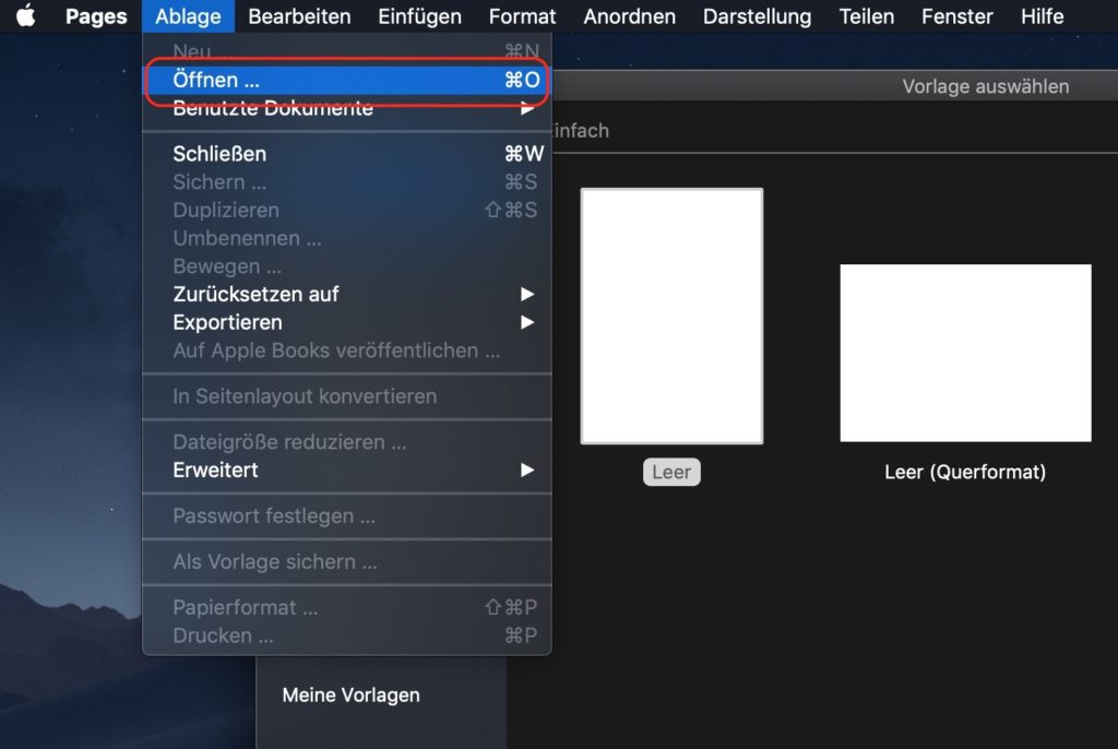 Neue Vorlage in Pages öffnen