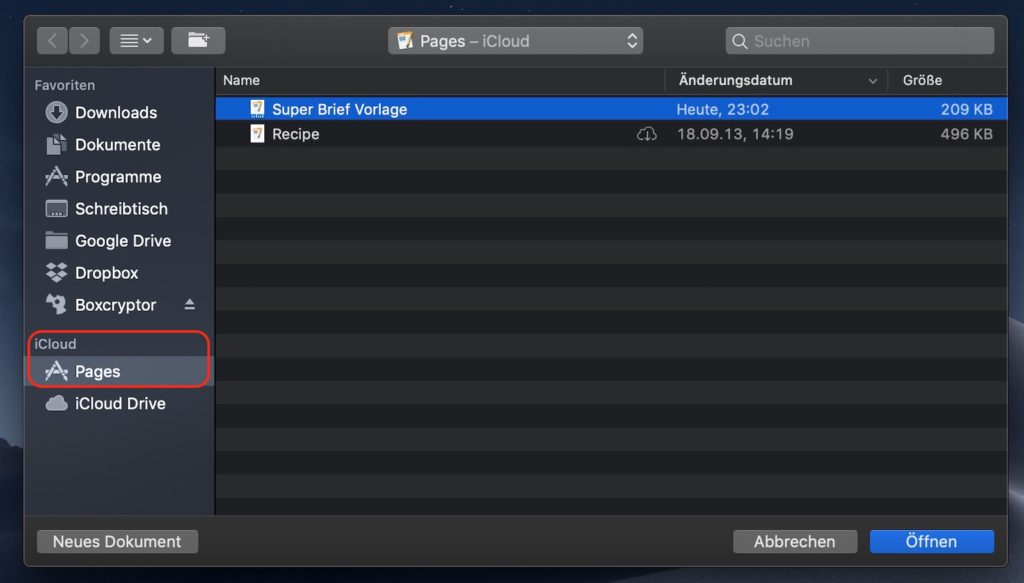 Pages Vorlage aus iCloud öffnen