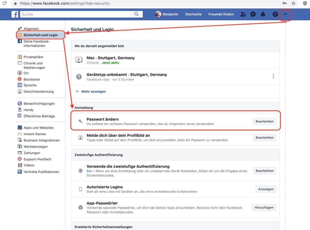 Das Facebook Passwort im Browser ändern