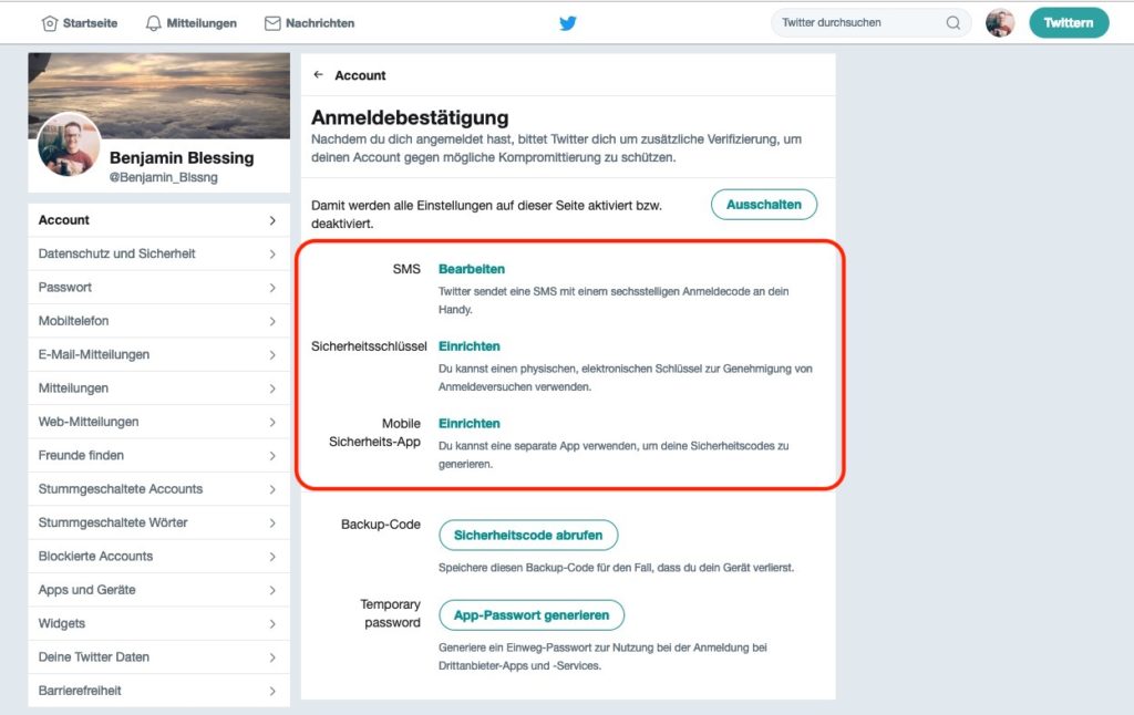 Twitter Zwei-Faktor-Authentifizierung aktivieren