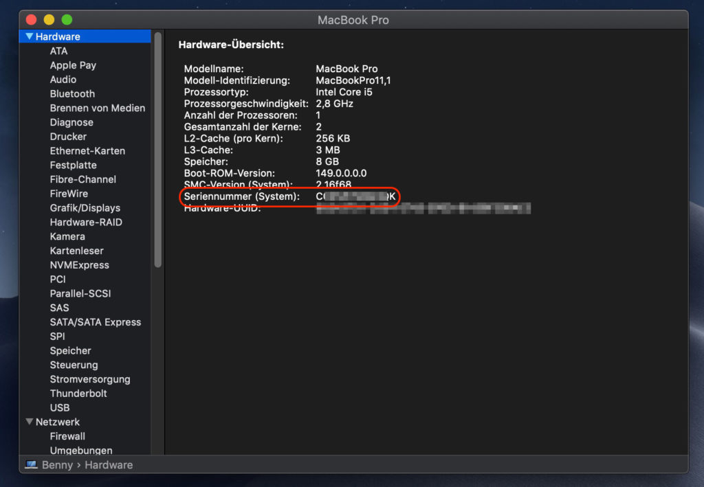 macOS Systeminformationen Seriennummer