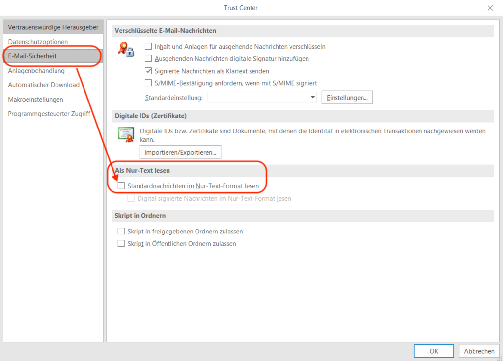 Outlook E-Mail Klartext lesen