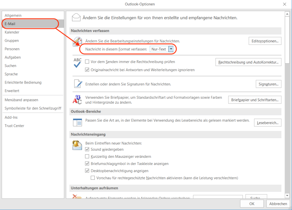 Outlook E-Mail Klartext schreiben
