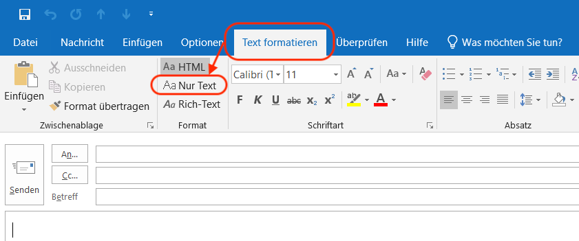 Outlook E-Mail Klartext schreiben