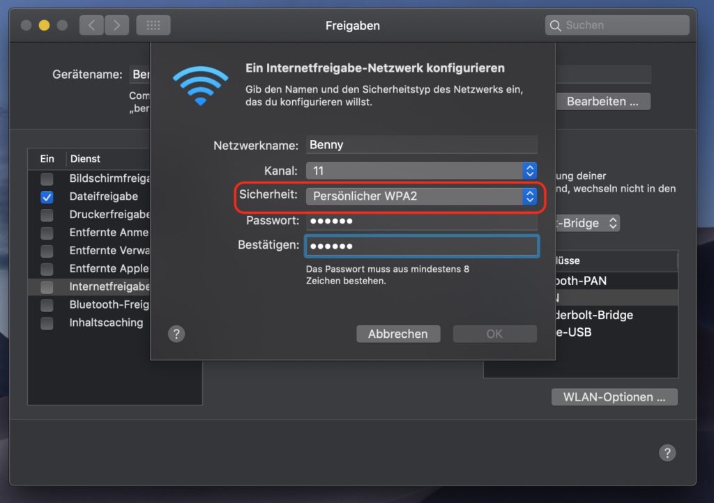 macOS Internet Freigabe konfigurieren