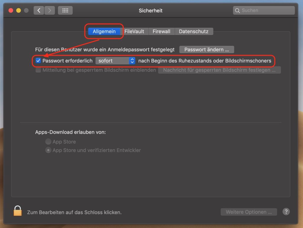 macOS Passwortabfrage aktivieren