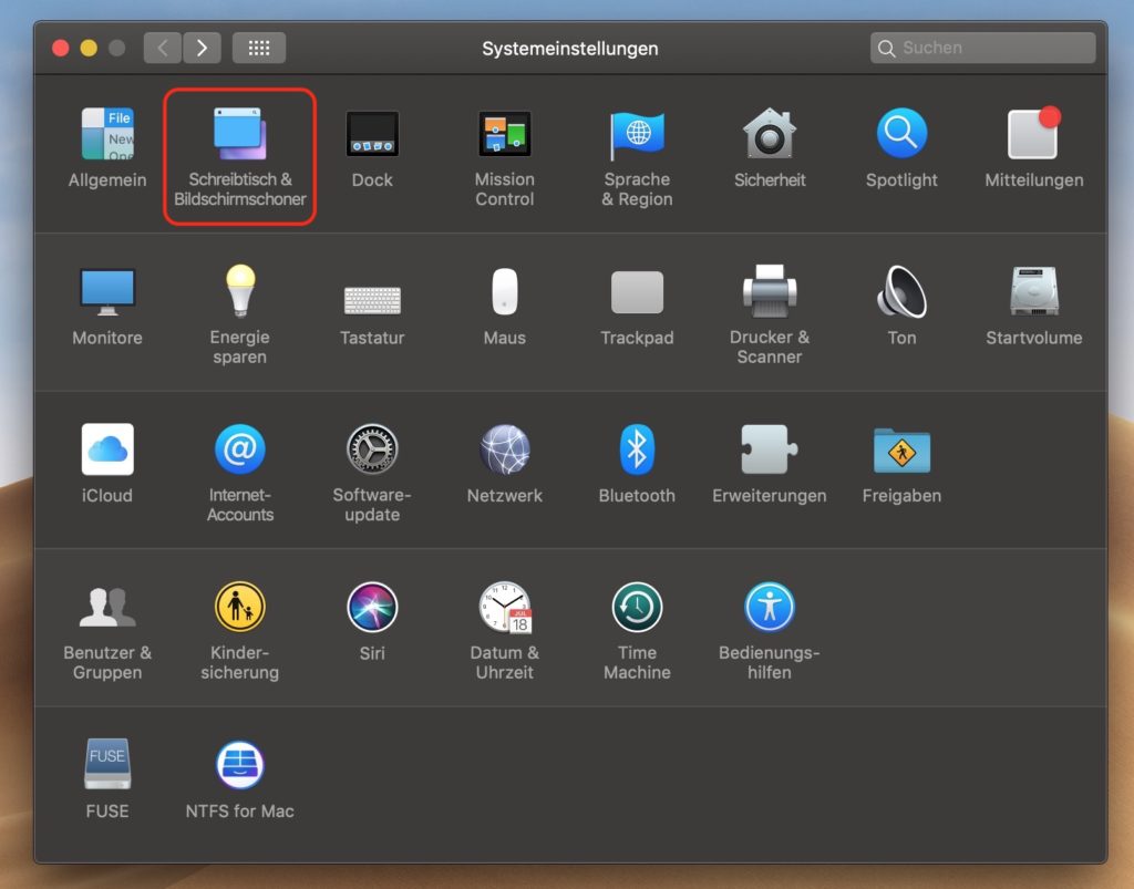 macOS Systemeinstellungen - Schreibtisch und Bildschirmschoner