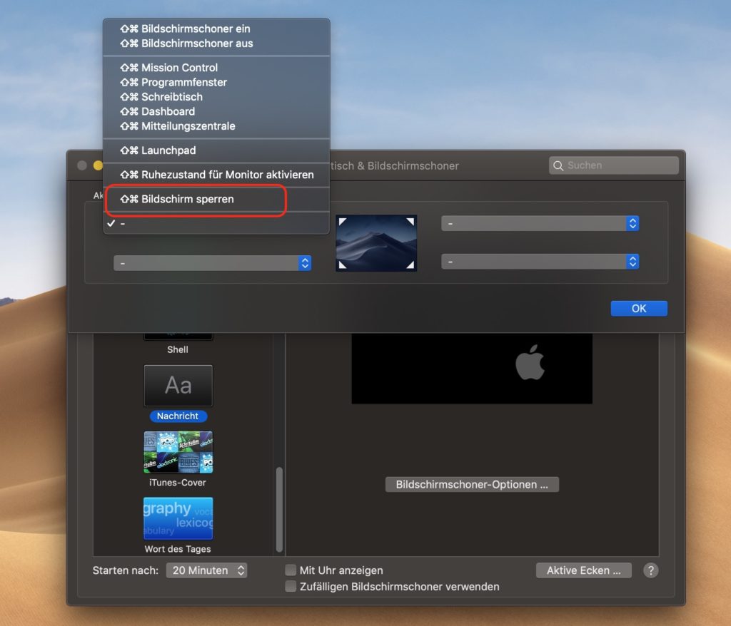 macOS aktive Ecken auswählen