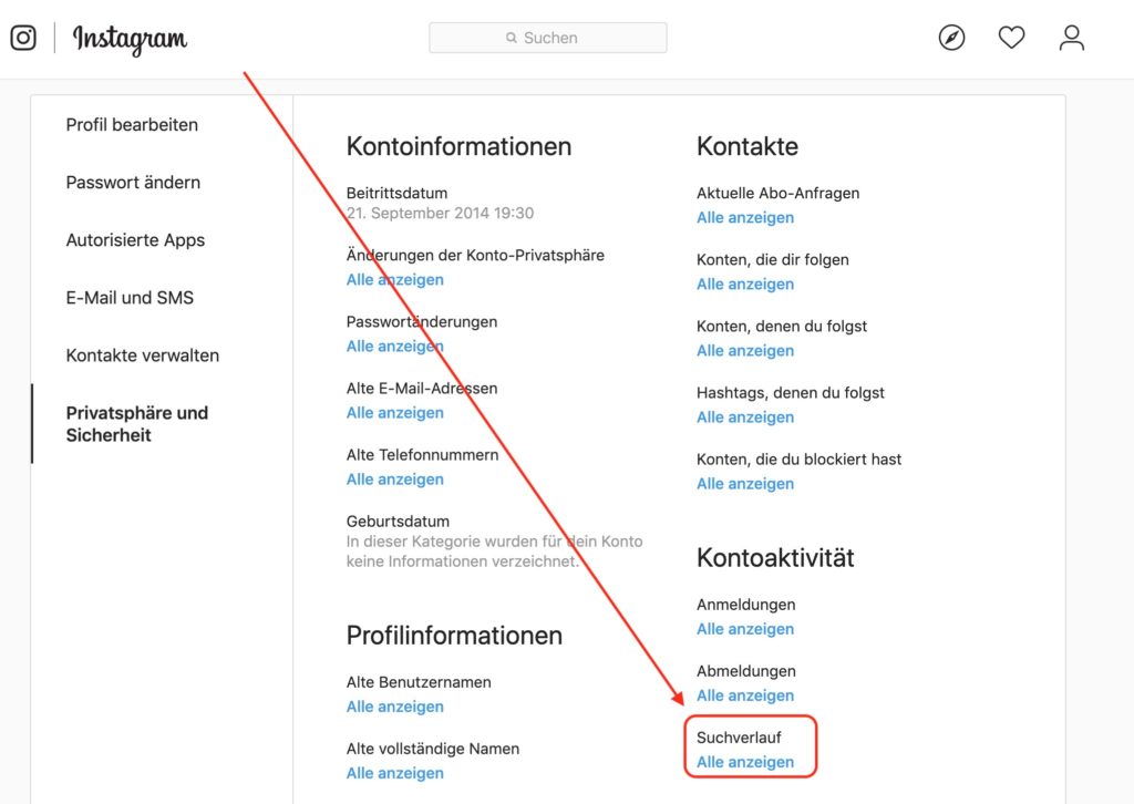 Instagram Suchverlauf