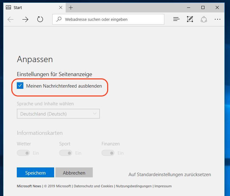 Microsoft Edge Startseite von Nachrichten entfernen