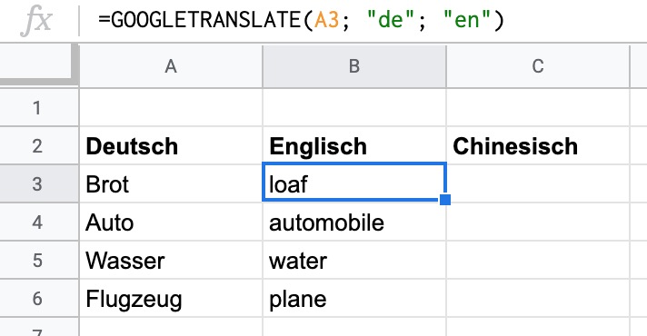 Google Tabellen Übersetzung von Deutsch auf Englisch