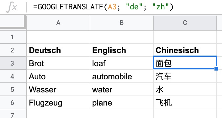 Google Tabellen Übersetzung von Deutsch auf Chinesisch