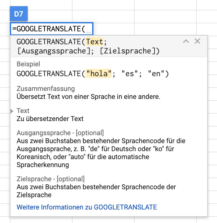 Google Tabellen Formel zum Übersetzen