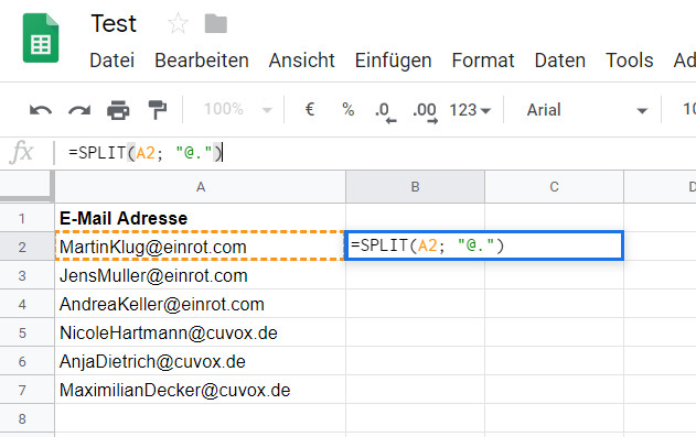 Google Tabellen SPLIT Funktion